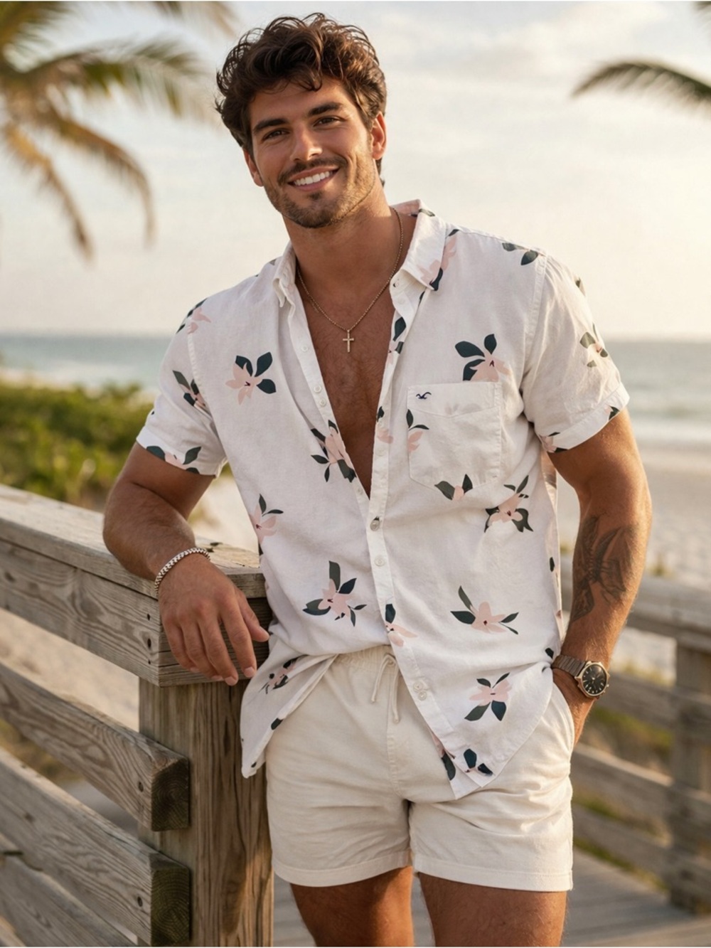 Hollister White Short-Sleeve Floral Button-Down Shirt Size Large Vacation Patio